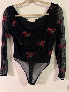 Cache Black Sheer Mesh Bodysuit with Red Floral Embroidery